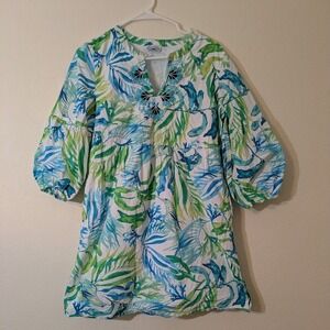 Tommy Bahama Dress Sz M Sea Fronds Embroidered Cotton Blue Green